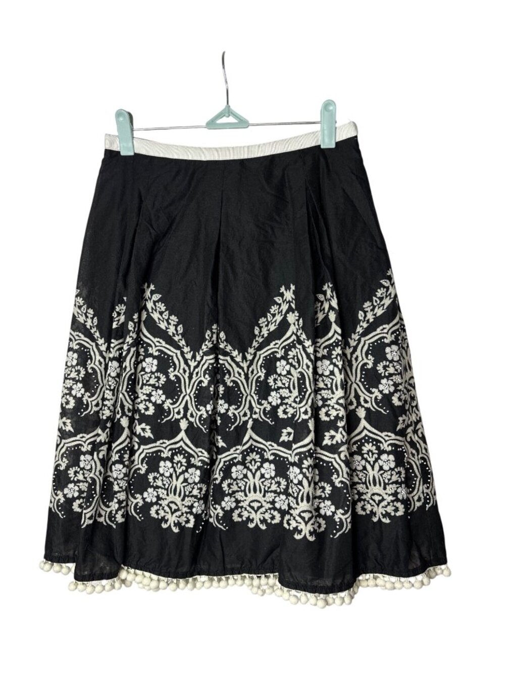 Ann Taylor LOFT Petites A-Line Midi Skirt Size 2P Beaded Pompom Fringe Cotton